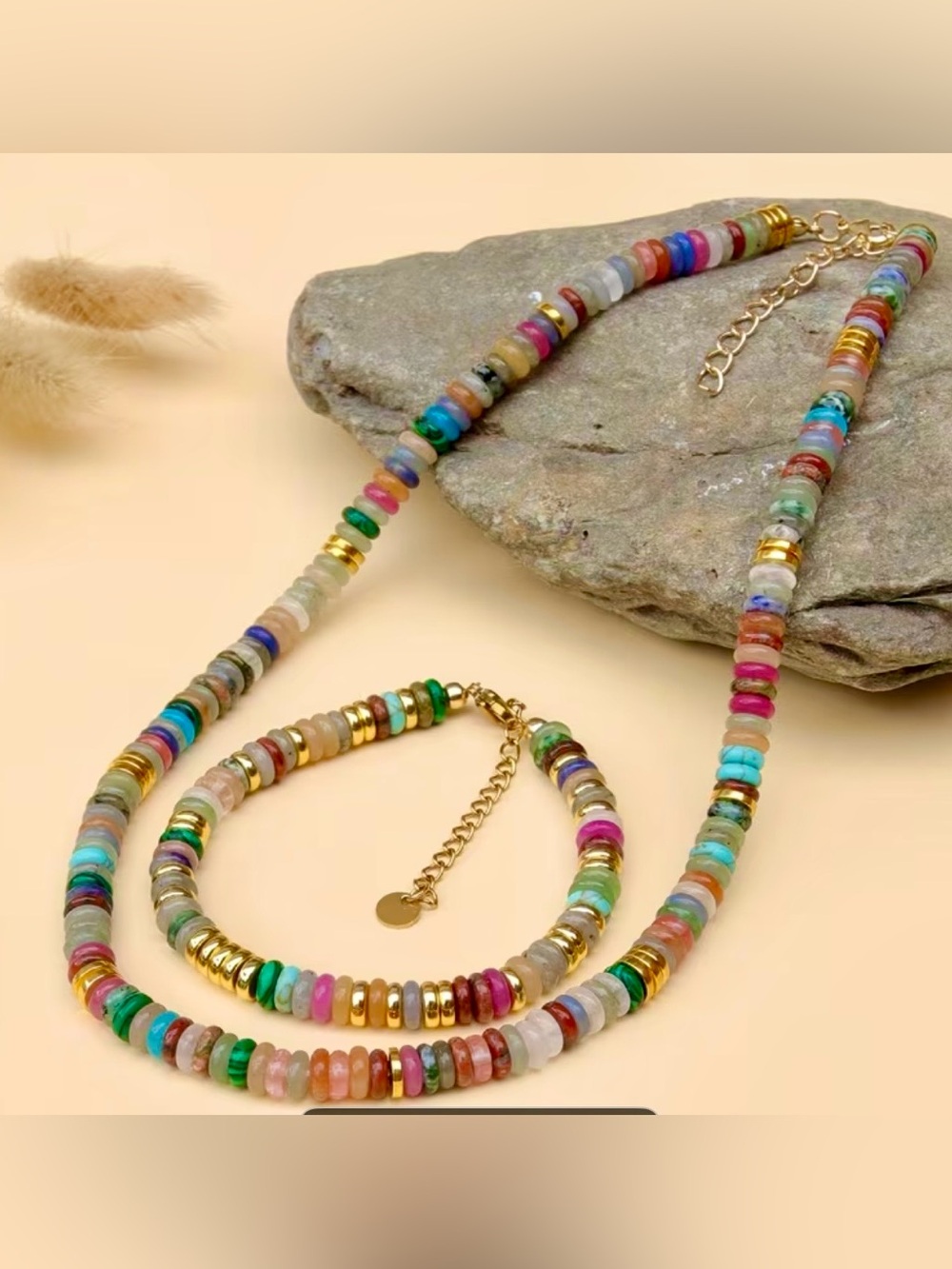 Gold Multicolor Beaded Necklace and Bracelet Set